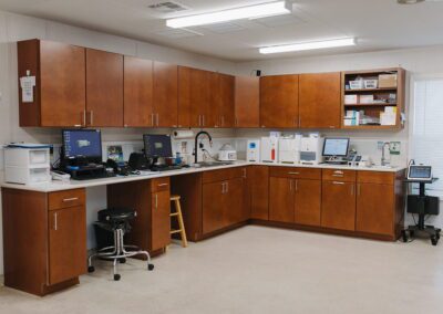 Medical office, dark wood cabinets